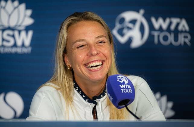 Mandatory Credit: Photo by Rob Prange Shutterstock (12751288bk) Anett Kontaveit of Estonia talks to the media after the quarter-final of the 2022 Sydney Tennis Classic WTA, Tennis Damen 500 tennis tournament Sydney Tennis Classic, Day 4, Tennis, Olympic Park, Sydney, Australia - 13 Jan 2022 Sydney Tennis Classic, Day 4, Tennis, Olympic Park, Sydney, Australia - 13 Jan 2022 Copyright: xRobxPrange Shutterstockx 12751288bk