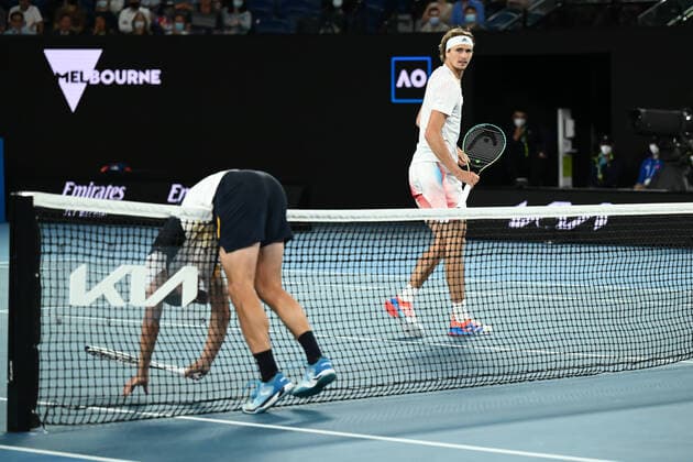 Mandatory Credit: Photo by James Gourley Shutterstock (12763717gp) Alexander Zverev and John Millman during their second round match Australian Open, Day Three, Tennis, Melbourne Park, Melbourne, Australia - 19 Jan 2022 Australian Open, Day Three, Tennis, Melbourne Park, Melbourne, Australia - 19 Jan 2022 Copyright: xJamesxGourley Shutterstockx 12763717gp