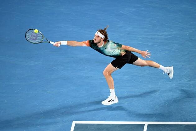 Mandatory Credit: Photo by James Gourley Shutterstock (12765100fz) Stefanos Tsitsipas during his fourth round match Australian Open, Day Eight, Tennis, Melbourne Park, Melbourne, Australia - 24 Jan 2022 Australian Open, Day Eight, Tennis, Melbourne Park, Melbourne, Australia - 24 Jan 2022 Copyright: xJamesxGourley Shutterstockx 12765100fz