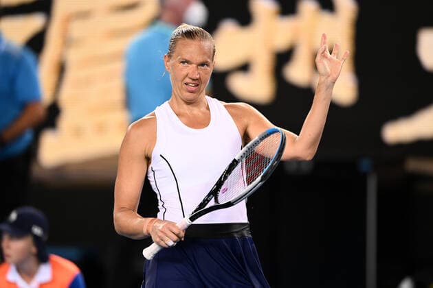 Mandatory Credit: Photo by James Gourley Shutterstock (12765100je) Kaia Kanepi celebrates victory in her fourth round match Australian Open, Day Eight, Tennis, Melbourne Park, Melbourne, Australia - 24 Jan 2022 Australian Open, Day Eight, Tennis, Melbourne Park, Melbourne, Australia - 24 Jan 2022 Copyright: xJamesxGourley Shutterstockx 12765100je
