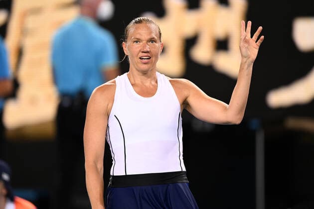 Mandatory Credit: Photo by James Gourley Shutterstock (12765100jc) Kaia Kanepi celebrates victory in her fourth round match Australian Open, Day Eight, Tennis, Melbourne Park, Melbourne, Australia - 24 Jan 2022 Australian Open, Day Eight, Tennis, Melbourne Park, Melbourne, Australia - 24 Jan 2022 Copyright: xJamesxGourley Shutterstockx 12765100jc