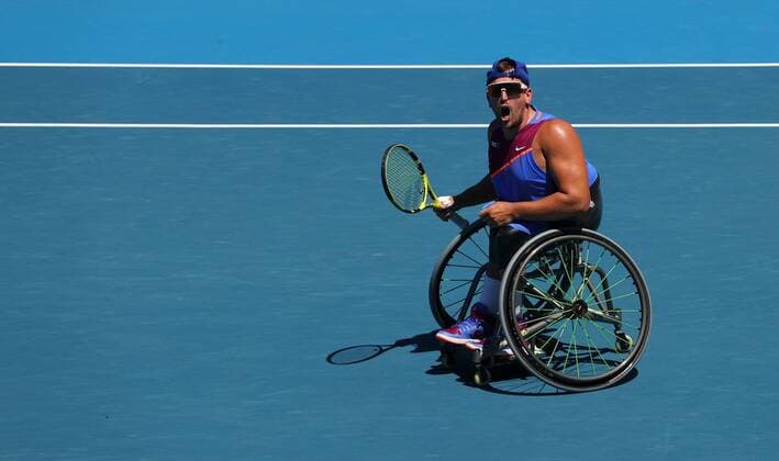 Mandatory Credit: Photo by Ella Ling Shutterstock (12773750l) Dylan Alcott in Quad Wheelchair Singles Semi Final action Australian Open, Day Nine, Tennis, Melbourne Park, Melbourne, Australia - 25 Jan 2022 Australian Open, Day Nine, Tennis, Melbourne Park, Melbourne, Australia - 25 Jan 2022 Copyright: xEllaxLing Shutterstockx 12773750l