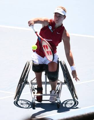 Mandatory Credit: Photo by James Gourley Shutterstock (12773752ao) Lucy Shuker in Women s Wheelchair Singles semi final action Australian Open, Day Nine, Tennis, Melbourne Park, Melbourne, Australia - 25 Jan 2022 Australian Open, Day Nine, Tennis, Melbourne Park, Melbourne, Australia - 25 Jan 2022 Copyright: xJamesxGourley Shutterstockx 12773752ao