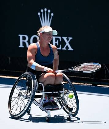 Mandatory Credit: Photo by James Gourley Shutterstock (12773752bd) Diede De Groot in Women s Wheelchair Singles semi final action Australian Open, Day Nine, Tennis, Melbourne Park, Melbourne, Australia - 25 Jan 2022 Australian Open, Day Nine, Tennis, Melbourne Park, Melbourne, Australia - 25 Jan 2022 Copyright: xJamesxGourley Shutterstockx 12773752bd