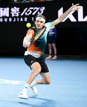 Mandatory Credit: Photo by James Gourley Shutterstock (12775245ea) Stefanos Tsitsipas in semi final action Australian Open, Day Twelve, Tennis, Melbourne Park, Melbourne, Australia - 28 Jan 2022 Australian Open, Day Twelve, Tennis, Melbourne Park, Melbourne, Australia - 28 Jan 2022 Copyright: xJamesxGourley Shutterstockx 12775245ea