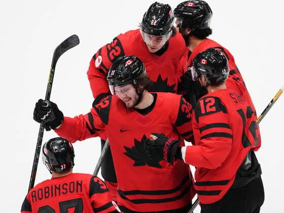 February 12, 2022, Beijing, ON, China: Team Canada Matt Robinson (37), Mason McTavish (32), Owen Power (22), Josh Ho-Sang (96) and Eric Staal (12) celebrate a goal against Team United States during first period men s Ice hockey, Eishockey action at the 2022 Winter Olympics in Beijing on Saturday, Feb. 12, 2022. Canada News - February 12, 2022 - ZUMAc35_ 20220212_zaf_c35_029 Copyright: xRyanxRemiorzx