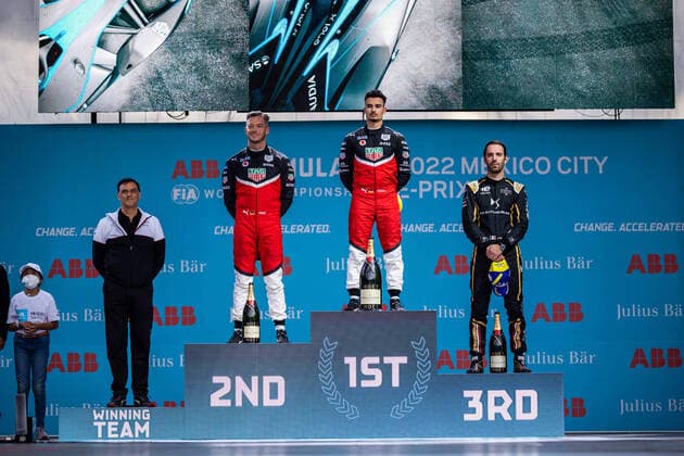 WEHRLEIN Pascal (ger), TAG Heuer Porsche Formula E Team, Porsche 99X Electric, portrait LOTTERER Andre (ger), TAG Heuer Porsche Formula E Team, Porsche 99X Electric, portrait VERGNE Jean-Eric (fra), DS Techeetah, DS E-Tense FE21, portrait at the podium during the 2022 Mexico City ePrix, 2nd meeting of the 2021-22 ABB FIA Formula E World Championship, WM, Weltmeisterschaft on the Autodromo Hermanos Rodriguez from February 10 to 11, in Mexico City, Mexico - AUTO - 2022 FORMULA E Mexico City ePRIX DPPI Panoramic 03422003_GH_59510