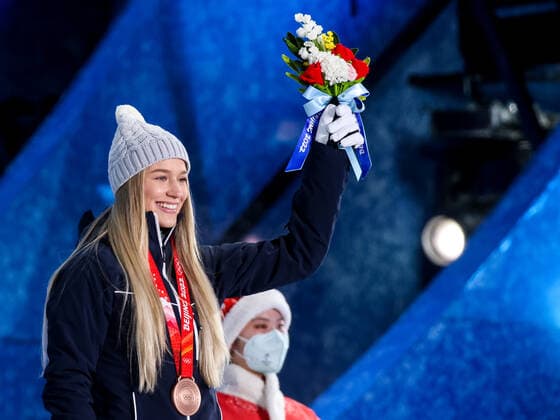 OLYMPICS - Winter Olympic Games, Olympische Spiele, Olympia, OS Beijing 2022 ZHANGJIAKOU,CHINA,15.FEB.22 - OLYMPICS, FREE SKI, FREESTYLE SKIING - Winter Olympic Games Beijing 2022, Slopestyle, ladies, award ceremony. Image shows the rejoicing of Kelly Sildaru (EST). Keywords: medal. GEPAxpictures xMaticxKlansek