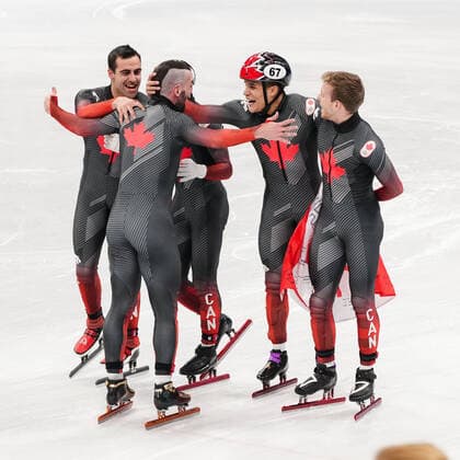 (220216) -- BEIJING, Feb. 16, 2022 -- Team Canada celebrate after winning the gold medal in the men s 5,000m relay final of short track Speed skating, Eisschnelllauf at Capital Indoor Stadium in Beijing, capital of China, Feb. 16, 2022. ) (BEIJING2022)CHINA-BEIJING-OLYMPIC Winter games, Winterspiele,Spiele, Summer games SHORT TRACK SPEED SKATING (CN) WangxYuguo