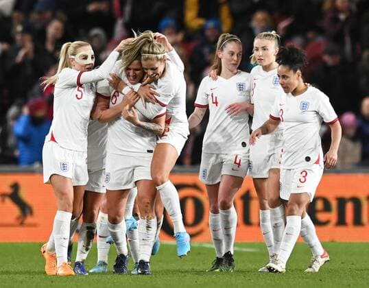 Mandatory Credit: Photo by Richard Lee Shutterstock (12809684y) Millie Bright of England Women celebrates scoring their first goal with team mates England Women v Canada Women, Arnold Clark Cup 2022, Football, Riverside Stadium, Middlesbrough, UK - 17 Feb 2022 EDITORIAL USE ONLY No use with unauthorised audio, video, data, fixture lists, club league logos or live services. Online in-match use limited to 120 images, no video emulation. No use in betting, games or single club league player publications. England Women v Canada Women, Arnold Clark Cup 2022, Football, Riverside Stadium, Middlesbrough, UK - 17 Feb 2022 EDITORIAL USE ONLY No use with unauthorised audio, video, data, fixture lists, club league logos or live services. Online in-match use limited to 120 images, no video emulation. No use in betting, games or single club league player publications. Copyright: xRichardxLee Shutterstockx 12809684y