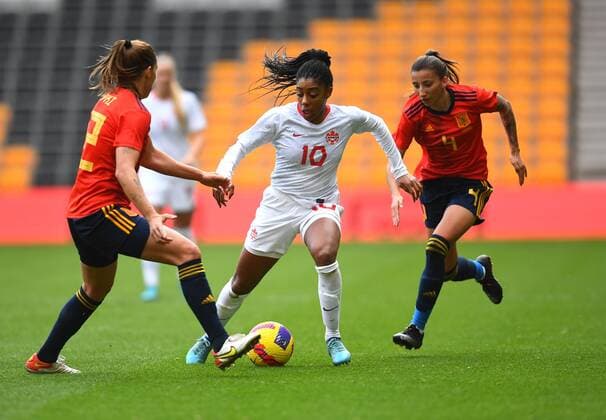 Mandatory Credit: Photo by Anna Gowthorpe Shutterstock (12819430o) Ashley Lawrence of Canada Spain Women v Canada Women, Arnold Clark Cup 2022, Football, Molineux, Wolverhampton, UK - 23 Feb 2022 EDITORIAL USE ONLY No use with unauthorised audio, video, data, fixture lists, club league logos or live services. Online in-match use limited to 120 images, no video emulation. No use in betting, games or single club league player publications. Spain Women v Canada Women, Arnold Clark Cup 2022, Football, Molineux, Wolverhampton, UK - 23 Feb 2022 EDITORIAL USE ONLY No use with unauthorised audio, video, data, fixture lists, club league logos or live services. Online in-match use limited to 120 images, no video emulation. No use in betting, games or single club league player publications. Copyright: xAnnaxGowthorpe Shutterstockx 12819430o