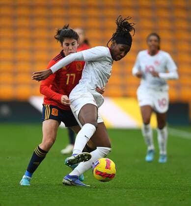 Mandatory Credit: Photo by Anna Gowthorpe Shutterstock (12819430bm) Kadeisha Buchanan of Canada and Lucía García of Spain Spain Women v Canada Women, Arnold Clark Cup 2022, Football, Molineux, Wolverhampton, UK - 23 Feb 2022 EDITORIAL USE ONLY No use with unauthorised audio, video, data, fixture lists, club league logos or live services. Online in-match use limited to 120 images, no video emulation. No use in betting, games or single club league player publications. Spain Women v Canada Women, Arnold Clark Cup 2022, Football, Molineux, Wolverhampton, UK - 23 Feb 2022 EDITORIAL USE ONLY No use with unauthorised audio, video, data, fixture lists, club league logos or live services. Online in-match use limited to 120 images, no video emulation. No use in betting, games or single club league player publications. Copyright: xAnnaxGowthorpe Shutterstockx 12819430bm