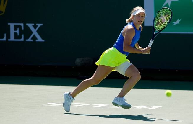 Mandatory Credit: Photo by Ella Ling Shutterstock (12845056k) Daria Saville of Australia in action wearing the Ukraine colours BNP Paribas Open, Tennis, Day 6, Indian Wells Tennis Garden, California, USA - 14 Mar 2022 BNP Paribas Open, Tennis, Day 6, Indian Wells Tennis Garden, California, USA - 14 Mar 2022 Copyright: xEllaxLing Shutterstockx 12845056k