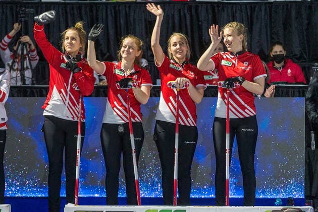 March 22, 2022, Prince George, BC, Canada: From left, Denmark skip Madeleine Dupont, third Mathilde Halse, second Denise Dupont, and lead, My Larsen acknowledge the fans as they are announced prior to the start of their match against Turkey at the Women s World Curling Championship in Prince George, B.C., on Tuesday, March 22, 2022. Canada News - March 22, 2022 - ZUMAc35_ 20220322_zaf_c35_040 Copyright: xJamesxDoylex
