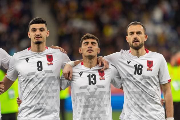 March 26, 2022, Barcelona, Italy: Armando Broja of Albania, Qazim Laci of Albania and Sokol Cikalleshi of Albania during the International Friendly, Länderspiel, Nationalmannschaft football match between Spain and Albania on March 26, 2022 at RCDE Stadium in Barcelona, Spain. friendly football match - 2022 - Spain vs Albania, Barcelona, Italy - ZUMAl164 20220326_zsa_l164_603 Copyright: xNderimxKacelix