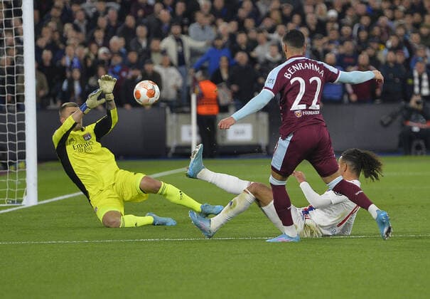 Mandatory Credit: Photo by James Griffiths West Ham United Shutterstock (12885363as) Said Benrahma of West Ham United shoots for goal West Ham United v Olympique Lyonnais, UEFA Europa League, Quarter Final, First Leg, Football, The London Stadium, London, UK - 07 Apr 2022 EDITORIAL USE ONLY No use with unauthorised audio, video, data, fixture lists, club league logos or live services. Online in-match use limited to 120 images, no video emulation. No use in betting, games or single club league player publications. West Ham United v Olympique Lyonnais, UEFA Europa League, Quarter Final, First Leg, Football, The London Stadium, London, UK - 07 Apr 2022 EDITORIAL USE ONLY No use with unauthorised audio, video, data, fixture lists, club league logos or live services. Online in-match use limited to 120 images, no video emulation. No use in betting, games or single club league player publications. Copyright: xJamesxGriffiths WestxHamxUnited Shutterstockx 12885363as