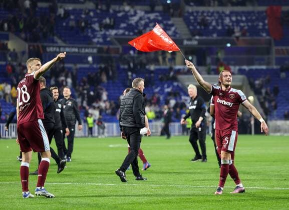 Mandatory Credit: Photo by Simon Dael Shutterstock (12893327dp) Vladimir Coufal of West Ham United and Tomas Soucek of West Ham United celebrate at full time Olympique Lyonnais v West Ham United, UEFA Europa League, Quarter Final, Second Leg, Football, Groupama Stadium, Lyon, France - 14 Apr 2022 EDITORIAL USE ONLY No use with unauthorised audio, video, data, fixture lists, club league logos or live services. Online in-match use limited to 120 images, no video emulation. No use in betting, games or single club league player publications. Olympique Lyonnais v West Ham United, UEFA Europa League, Quarter Final, Second Leg, Football, Groupama Stadium, Lyon, France - 14 Apr 2022 EDITORIAL USE ONLY No use with unauthorised audio, video, data, fixture lists, club league logos or live services. Online in-match use limited to 120 images, no video emulation. No use in betting, games or single club league player publications. Copyright: xSimonxDael Shutterstockx 12893327dp