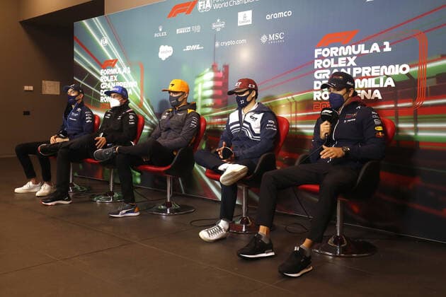LATIFI Nicholas (can), Williams Racing FW44, ALONSO Fernando (spa), Alpine F1 Team A522, NORRIS Lando (gbr), McLaren F1 Team MCL36, TSUNODA Yuki (jap), Scuderia AlphaTauri AT03, PEREZ Sergio (mex), Red Bull Racing RB18, portrait, press conference, PK, Pressekonferenz during the Formula 1 Grand Premio del Made in Italy e dell Emilia-Romagna 2022, 4th round of the 2022 FIA Formula One World Championship, WM, Weltmeisterschaft on the Imola Circuit, from April 22 to 24, 2022 in Imola, Italy - F1 - EMILIA ROMAGNA GRAND PRIX 2022 DPPI Panoramic GP2204_094530_31I7736