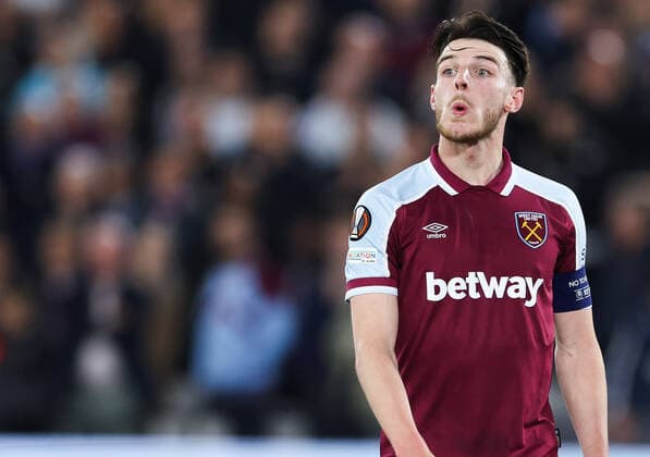 Mandatory Credit: Photo by Simon Dael Shutterstock (12914205bu) Declan Rice of West Ham United West Ham United v Eintracht Frankfurt, UEFA Europa League, Semi-Final, First Leg, Football, The London Stadium, London, UK - 28 Apr 2022 EDITORIAL USE ONLY No use with unauthorised audio, video, data, fixture lists, club league logos or live services. Online in-match use limited to 120 images, no video emulation. No use in betting, games or single club league player publications. West Ham United v Eintracht Frankfurt, UEFA Europa League, Semi-Final, First Leg, Football, The London Stadium, London, UK - 28 Apr 2022 EDITORIAL USE ONLY No use with unauthorised audio, video, data, fixture lists, club league logos or live services. Online in-match use limited to 120 images, no video emulation. No use in betting, games or single club league player publications. Copyright: xSimonxDael Shutterstockx 12914205bu
