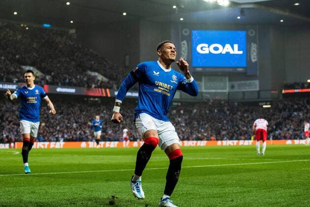 Mandatory Credit: Photo by Kirk O Rourke Rangers FC Shutterstock (12926021t) Rangers captain James Tavernier celebrates his goal during the Europa League Semi Final match against RB Leipzig at Ibrox Stadium, Glasgow. Rangers v RB Leipzig, UEFA Europa League, Semi Final, Second Leg, Football, Ibrox Stadium, Glasgow, UK - 05 May 2022 EDITORIAL USE ONLY No use with unauthorised audio, video, data, fixture lists, club league logos or live services. Online in-match use limited to 120 images, no video emulation. No use in betting, games or single club league player publications. Rangers v RB Leipzig, UEFA Europa League, Semi Final, Second Leg, Football, Ibrox Stadium, Glasgow, UK - 05 May 2022 EDITORIAL USE ONLY No use with unauthorised audio, video, data, fixture lists, club league logos or live services. Online in-match use limited to 120 images, no video emulation. No use in betting, games or single club league player publications. Copyright: xKirkxO Rourke RangersxFC Shutterstockx 12926021t