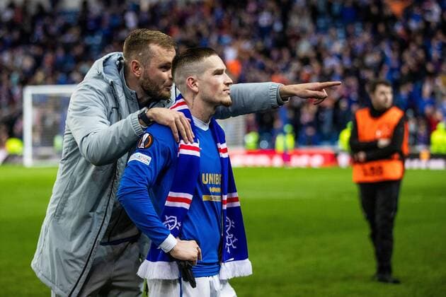 Mandatory Credit: Photo by Kirk O Rourke Rangers FC Shutterstock (12926021ds) Ryan Kent and Andy Firth celebrate at the end of the Europa League Semi Final match against RB Leipzig at Ibrox Stadium, Glasgow. Rangers v RB Leipzig, UEFA Europa League, Semi Final, Second Leg, Football, Ibrox Stadium, Glasgow, UK - 05 May 2022 EDITORIAL USE ONLY No use with unauthorised audio, video, data, fixture lists, club league logos or live services. Online in-match use limited to 120 images, no video emulation. No use in betting, games or single club league player publications. Rangers v RB Leipzig, UEFA Europa League, Semi Final, Second Leg, Football, Ibrox Stadium, Glasgow, UK - 05 May 2022 EDITORIAL USE ONLY No use with unauthorised audio, video, data, fixture lists, club league logos or live services. Online in-match use limited to 120 images, no video emulation. No use in betting, games or single club league player publications. Copyright: xKirkxO Rourke RangersxFC Shutterstockx 12926021ds
