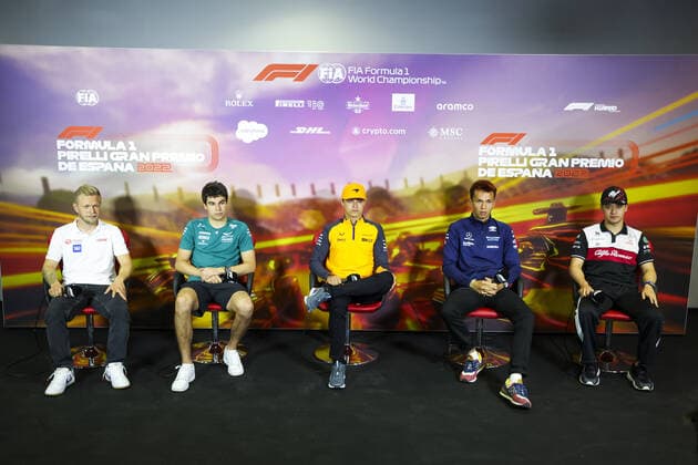 MAGNUSSEN Kevin (den), Haas F1 Team VF-22 Ferrari, STROLL Lance (can), Aston Martin F1 Team AMR22, NORRIS Lando (gbr), McLaren F1 Team MCL36, ALBON Alexander (tha), Williams Racing FW44, ZHOU Guanyu (chi), Alfa Romeo F1 Team ORLEN C42, portrait, press conference, PK, Pressekonferenz during the Formula 1 Pirelli Grand Premio de Espana 2022, 6th round of the 2022 FIA Formula One World Championship, WM, Weltmeisterschaft on the Circuit de Barcelona-Catalunya, from May 20 to 22, 2022 in Montmelo, Spain - F1 - SPANISH GRAND PRIX 2022 DPPI Panoramic 00122015_G00D7108.JPG_