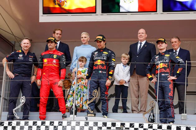 Christian Horner GBR, Oracle Red Bull Racing , 55 Carlos Sainz ESP, Scuderia Ferrari , 11 Sergio Perez MEX, Oracle Red Bull Racing , 1 Max Verstappen NLD, Oracle Red Bull Racing , Princess Charlene of Monaco and Prince Albert II of Monaco, F1 Grand Prix of Monaco at Circuit de Monaco on May 29, 2022 in Monte Carlo, Monaco Photo by HOCH ZWEI Monte Carlo Monaco