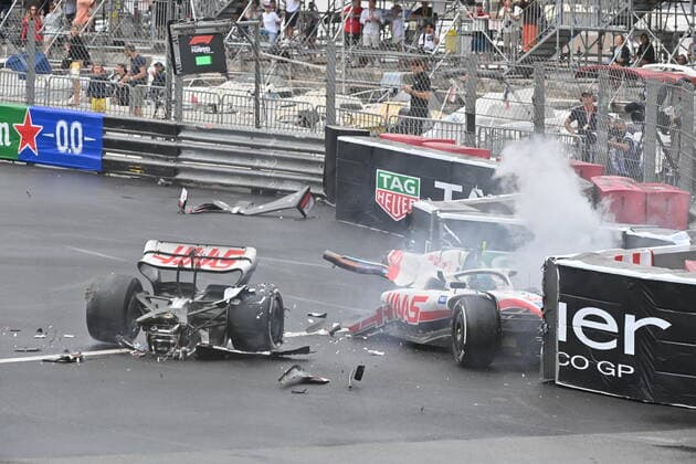 crash, accident, 47 SCHUMACHER Mick (ger), Haas F1 Team VF-22 Ferrari, action during the Formula 1 Grand Prix de Monaco 2022, 7th round of the 2022 FIA Formula One World Championship, WM, Weltmeisterschaft on the Circuit de Monaco, from May 27 to 29, 2022 in Monte-Carlo, Monaco - F1 - MONACO GRAND PRIX 2022 - Race DPPI Panoramic 00122019_29-05-2022-MCO-4120-PVE