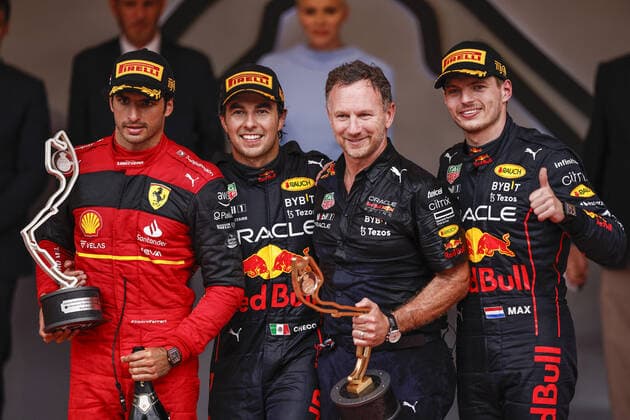 PEREZ Sergio (mex), Red Bull Racing RB18, portrait SAINZ Carlos (spa), Scuderia Ferrari F1-75, portrait VERSTAPPEN Max (ned), Red Bull Racing RB18, portrait HORNER Christian (gbr), Team Principal of Red Bull Racing, portrait during the Formula 1 Grand Prix de Monaco 2022, 7th round of the 2022 FIA Formula One World Championship, WM, Weltmeisterschaft on the Circuit de Monaco, from May 27 to 29, 2022 in Monte-Carlo, Monaco - F1 - MONACO GRAND PRIX 2022 - Race DPPI Panoramic 00122019__R5_5758