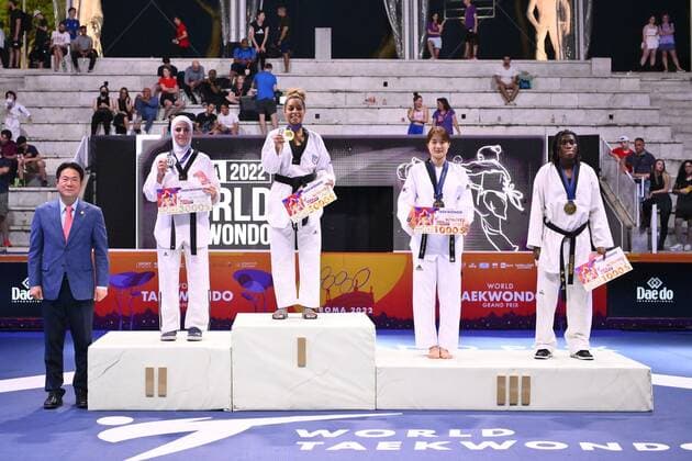 Mandatory Credit: Photo by Domenico Cippitelli LiveMedia Shutterstock (12972811ad) Jan-di KIM (KOR), Julyana AL-SADEQ (JOR),Ruth GBAGBI (CIV) and Magda WIET HENIN (FRA) during SF and F round of World Taekwondo Grand Prix at Foro Italico, Nicola Pietrangeli Stadium, 4th June 2022, Rome, Italy. Taekwondo World Taekwondo Roma Grand Prix (day2), Foro Italico, Rome, Italy - 04 Jun 2022 Taekwondo World Taekwondo Roma Grand Prix (day2), Foro Italico, Rome, Italy - 04 Jun 2022 Copyright: xDomenicoxCippitelli LiveMedia Shutterstockx 12972811ad