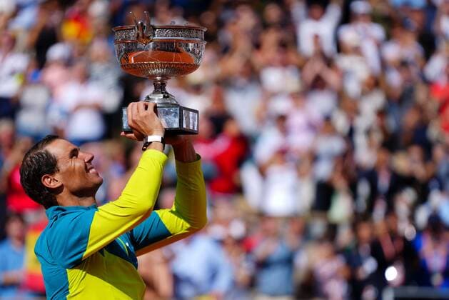 Mandatory Credit: Photo by Javier Garcia Shutterstock (12960016bo) Rafael Nadal celebrates with the Coupe de Mousquetaires, the mens trophy, after winning his 14th Roland Garros French Open Tennis, Day 15, Roland Garros, Paris, France - 05 Jun 2022 French Open Tennis, Day 15, Roland Garros, Paris, France - 05 Jun 2022 Copyright: xJavierxGarcia Shutterstockx 12960016bo