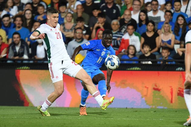 June 7, 2022, Cesena, Italy: Cesena, Italy, Dino Manuzzi stadium, June 07, 2022, Italy s Wilfried Gnonto in action against Hungary s Roland Sallai during Italy vs Hungary - football UEFA Nations League match. football UEFA Nations League match - Italy vs Hungary, Cesena, Italy - ZUMAl164 20220607_zsa_l164_017 Copyright: xEttorexGriffonix