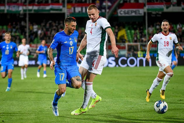 June 7, 2022, Cesena, Italy: Cesena, Italy, Dino Manuzzi stadium, June 07, 2022, Italy s Matteo Politano In action against Hungary s Attila Szalai during Italy vs Hungary - football UEFA Nations League match. football UEFA Nations League match - Italy vs Hungary, Cesena, Italy - ZUMAl164 20220607_zsa_l164_040 Copyright: xEttorexGriffonix