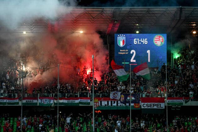 June 7, 2022, Cesena, Italy: Cesena, Italy, Dino Manuzzi stadium, June 07, 2022, Happiness of Hungarian supporters after the Italy autogoal during Italy vs Hungary - football UEFA Nations League match. football UEFA Nations League match - Italy vs Hungary, Cesena, Italy - ZUMAl164 20220607_zsa_l164_061 Copyright: xEttorexGriffonix