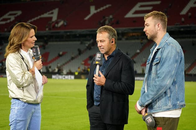 Football, Nations League, international match, Group C, Germany England, 07 06 2022, Allianzarena Munich Katrin Müller Hohenstein,ZDF TV fashion designer Hansi Flick DFB coach, Christoph Kramer, football expert,