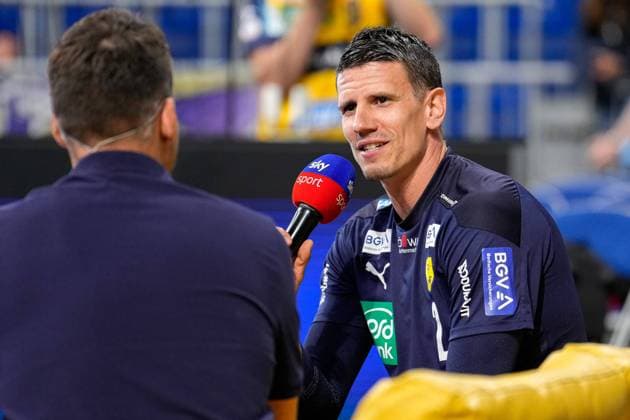 Andy Schmid Andre Schmid, RNL, 2 in interview with Sky Sport, joy, happy, glad, friendly, cheerful, happy, beaming, optimistic, single photo, action, 08 06 2022, Mannheim Germany , Handball, Bundesliga, Rhein Neckar Löwen THW Kiel xozx