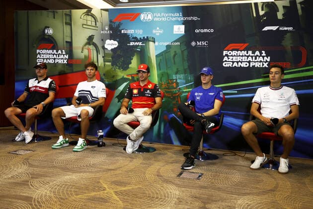 Valtteri Bottas, Alfa Romeo F1 Team, Pierre Gasly, Scuderia AlphaTauri, Carlos Sainz, Ferrari, Mick Schumacher, Haas F1 Team and George Russell, Mercedes-AMG during the drivers press conference, PK, Pressekonferenz during the Formula 1 Azerbaijan Grand Prix 2022, 8th round of the 2022 FIA Formula One World Championship, WM, Weltmeisterschaft on the Baku City Circuit, from June 10 to 12, 2022 in Baku, Azerbaijan - F1 - AZERBAIJAN GRAND PRIX 2022 DPPI Panoramic GP2208_083235_31I6189