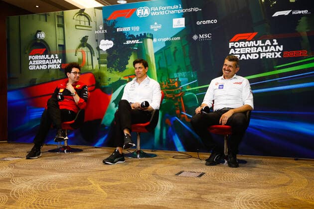 BINOTTO Mattia (ita), Managing Director of the Scuderia Ferrari, portrait WOLFF Toto (aut), Team Principal & CEO of Mercedes AMG F1 Team, portrait STEINER Guenther (ita), Team Principal of Haas F1 team, portrait during the Formula 1 Azerbaijan Grand Prix 2022, 8th round of the 2022 FIA Formula One World Championship, WM, Weltmeisterschaft on the Baku City Circuit, from June 10 to 12, 2022 in Baku, Azerbaijan - F1 - AZERBAIJAN GRAND PRIX 2022 DPPI Panoramic GP2208_082948_31I8173