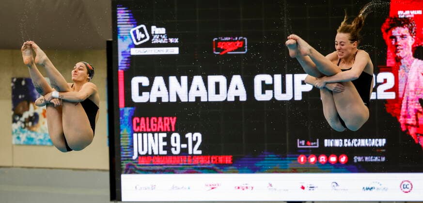 June 11, 2022, Calgary, AB, CANADA: Canada s Pamela Ware, left, and Aimee Wilson compete in the Women s Open 3M Synchro Finals in Calgary, Alta., Saturday, June 11, 2022. Pamela Ware, Aimee Wilson, - ZUMAc35_ 20220611_zaf_c35_056 Copyright: xJeffxMcintoshx