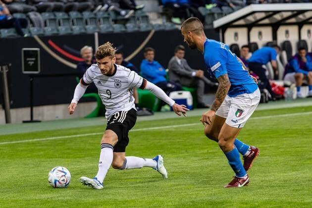 Timo Werner Germany, 09 , Gianluca Mancini Italy 05 GER, Germany Germany vs Italy Italy, football, Laenderspiel, UEFA Nations League Division A, Group 3, 2022 2023, 14 06 2022, DFB DFL regulations prohibit any use of photographs as image sequences and or quasi video GER, Germany Germany vs Italy Italy, football, Laenderspiel, UEFA Nations League Division A, Group 3, 2022 2023, 14 06 2022 Moenchengladbach Copyright: xEibner-Pressefoto RogerxBuerkex EP_EER