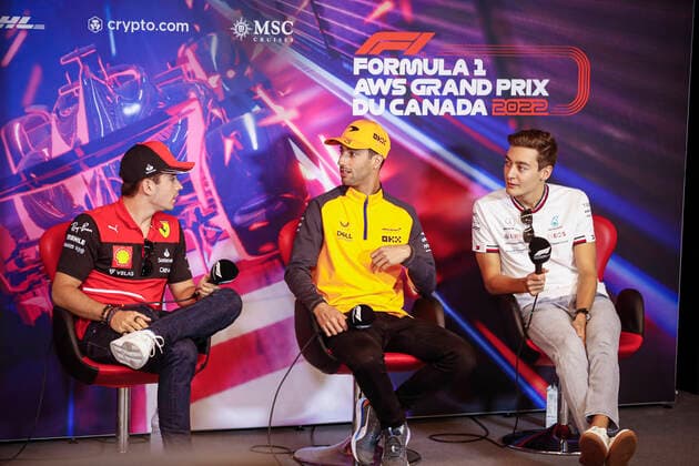 LECLERC Charles (mco), Scuderia Ferrari F1-75, portrait RICCIARDO Daniel (aus), McLaren F1 Team MCL36, portrait RUSSELL George (gbr), Mercedes AMG F1 Team W13, portrait during the Formula 1 AWS Grand Prix du Canada 2022, 9th round of the 2022 FIA Formula One World Championship, WM, Weltmeisterschaft on the Circuit Gilles Villeneuve, from June 17 to 19, 2022 in Montreal, Canada - F1 - CANADIAN GRAND PRIX 2022 DPPI Panoramic _V2_1780