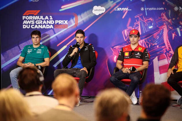 STROLL Lance (can), Aston Martin F1 Team AMR22, portrait OCON Esteban (fra), Alpine F1 Team A522, portrait LECLERC Charles (mco), Scuderia Ferrari F1-75, portrait press conference, PK, Pressekonferenz during the Formula 1 AWS Grand Prix du Canada 2022, 9th round of the 2022 FIA Formula One World Championship, WM, Weltmeisterschaft on the Circuit Gilles Villeneuve, from June 17 to 19, 2022 in Montreal, Canada - F1 - CANADIAN GRAND PRIX 2022 DPPI Panoramic _V2_1825