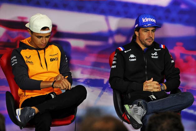 NORRIS Lando (gbr), McLaren F1 Team MCL36, portrait ALONSO Fernando (spa), Alpine F1 Team A522, portrait conference de presse press conference, PK, Pressekonferenz during the Formula 1 Lenovo British Grand Prix 2022, 10th round of the 2022 FIA Formula One World Championship, WM, Weltmeisterschaft on the Silverstone Circuit, from July 1 to 3, 2022 in Silverstone, United Kingdom - F1 - BRITISH GRAND PRIX 2022 DPPI Panoramic MOY21260