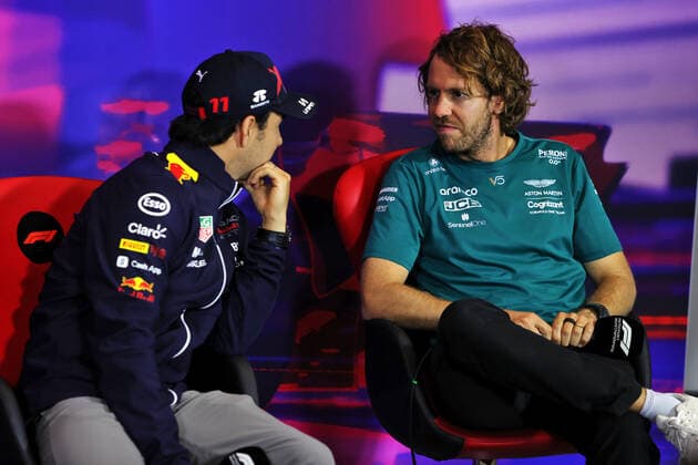 VETTEL Sebastian (ger), Aston Martin F1 Team AMR22, portrait PEREZ Sergio (mex), Red Bull Racing RB18, portrait conference de presse press conference, PK, Pressekonferenz during the Formula 1 Lenovo British Grand Prix 2022, 10th round of the 2022 FIA Formula One World Championship, WM, Weltmeisterschaft on the Silverstone Circuit, from July 1 to 3, 2022 in Silverstone, United Kingdom - F1 - BRITISH GRAND PRIX 2022 DPPI Panoramic MOY21297