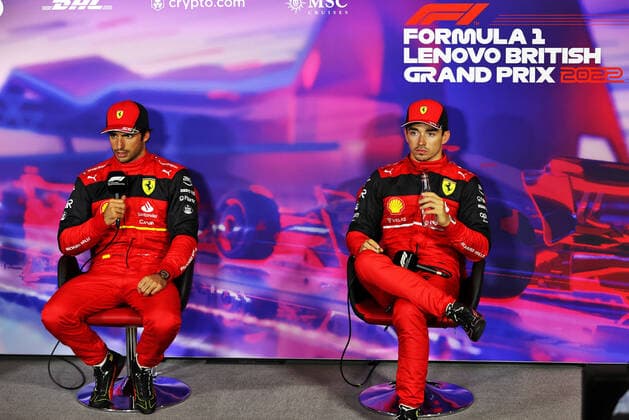 SAINZ Carlos (spa), Scuderia Ferrari F1-75, portrait LECLERC Charles (mco), Scuderia Ferrari F1-75, portrait press conference, PK, Pressekonferenz during the Formula 1 Lenovo British Grand Prix 2022, 10th round of the 2022 FIA Formula One World Championship, WM, Weltmeisterschaft on the Silverstone Circuit, from July 1 to 3, 2022 in Silverstone, United Kingdom - F1 - BRITISH GRAND PRIX 2022 DPPI Panoramic LC1_9551