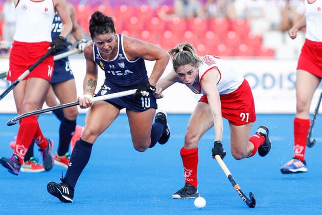 July 7, 2022, TERRASSA, BARCELONA, SPAIN: Maria Granatto of Argentina and Amanda Woodcroft of Canada in action during the FIH Hockey Women s World Cup 2022, Pool C, hockey match played between Argentina v Canada at Estadi Olimpic on July 06, 2022, in Terrassa, Barcelona, Spain. TERRASSA SPAIN - ZUMAa181 20220707_zaa_a181_019 Copyright: xIrinaxR.xHx