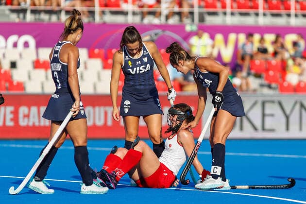 July 7, 2022, TERRASSA, BARCELONA, SPAIN: Karli Johansen of Canada hurts during the FIH Hockey Women s World Cup 2022, Pool C, hockey match played between Argentina v Canada at Estadi Olimpic on July 06, 2022, in Terrassa, Barcelona, Spain. TERRASSA SPAIN - ZUMAa181 20220707_zaa_a181_031 Copyright: xIrinaxR.xHx
