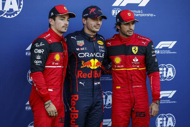 VERSTAPPEN Max (ned), Red Bull Racing RB18, portrait LECLERC Charles (mco), Scuderia Ferrari F1-75, portrait SAINZ Carlos (spa), Scuderia Ferrari F1-75, portrait during the Formula 1 Rolex Grosser Preis Von Osterreich 2022, 2022 Austrian Grand Prix, 11th round of the 2022 FIA Formula One World Championship, WM, Weltmeisterschaft from July 8 to 10, 2022 on the Red Bull Ring, in Spielberg, Austria - F1 - AUSTRIAN GRAND PRIX 2022 DPPI Panoramic 00122026__R3_1307