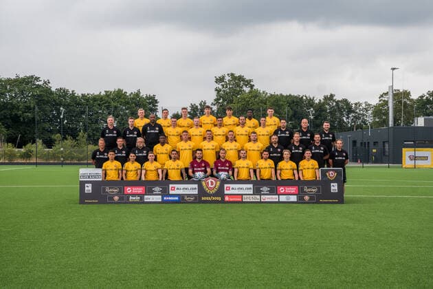 SG Dynamo Dresden 3 Liga, Porträttermin 2022 2023, team photo, row 4 v li Jonas Kühn Kuehn , Patrick Weihrauch, Julius Kade, Paul Lehmann, Julius Hoffmann, Christian Conteh, Robin Becker row 3 v li Matthias Grahe Athletics coach , Timon Klasen Videoanalyst , David Yelldell Goalkeeping Coach , Dennis Borkowski, Paul Will, Claudio Kammerknecht, Yannick Stark, Panagiotis Vlachodimos, Dr Jose Portela Head of Sports Science , Tom Teichert Tölg Toelg Zeugwart , Justin Löwe Loewe Team Manager Row 2 v li Markus Anfang Head Coach , Florian Junge Co Trainer , Heiko Scholz Co Trainer , Michael Akoto, Phil Harres, Stefan Kutschke, Tim Knipping, Kevin Ehlers, Dr Onays Al Sadi Team Doctor , Tony Fischer Physiotherapist , Korbinian Dötter Doetter Physiotherapist , Tobias Lange Physiotherapist Row 1 from left Jong min Seo, Jan Shcherbakovski, Luca Herrmann, Oliver Batista Meier, Stefan Drljaca, Sven Tobias Müller Mueller , Max Kulke, Ahmet Arslan, Jonas Oehmichen, Jonathan Meier