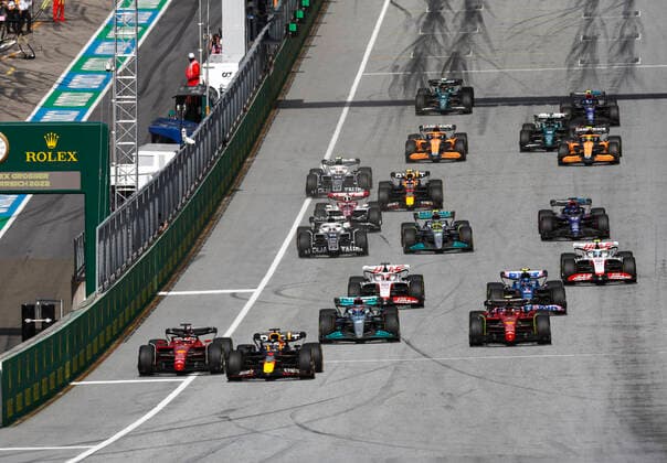 Start, Sprint Qualifying, 16 Charles Leclerc MCO, Scuderia Ferrari , 1 Max Verstappen NLD, Oracle Red Bull Racing , 63 George Russell GBR, Mercedes AMG Petronas F1 Team , 55 Carlos Sainz ESP, Scuderia Ferrari , F1 Grand Prix of Austria at Red Bull Ring on July 9, 2022 in Spielberg, Austria Photo by HOCH ZWEI Spielberg Austria